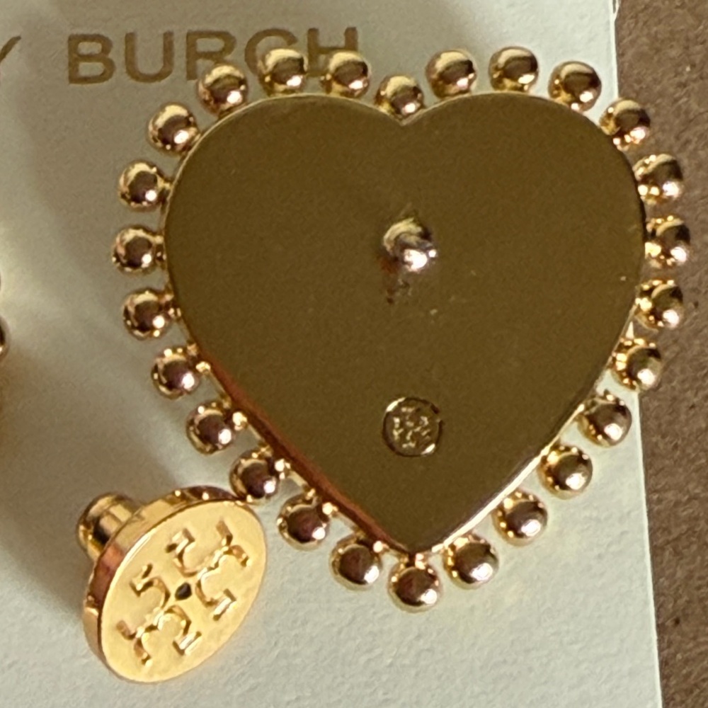 Tory Burch Green and Gold Heart logo stud  Earrings - Picture 5 of 9